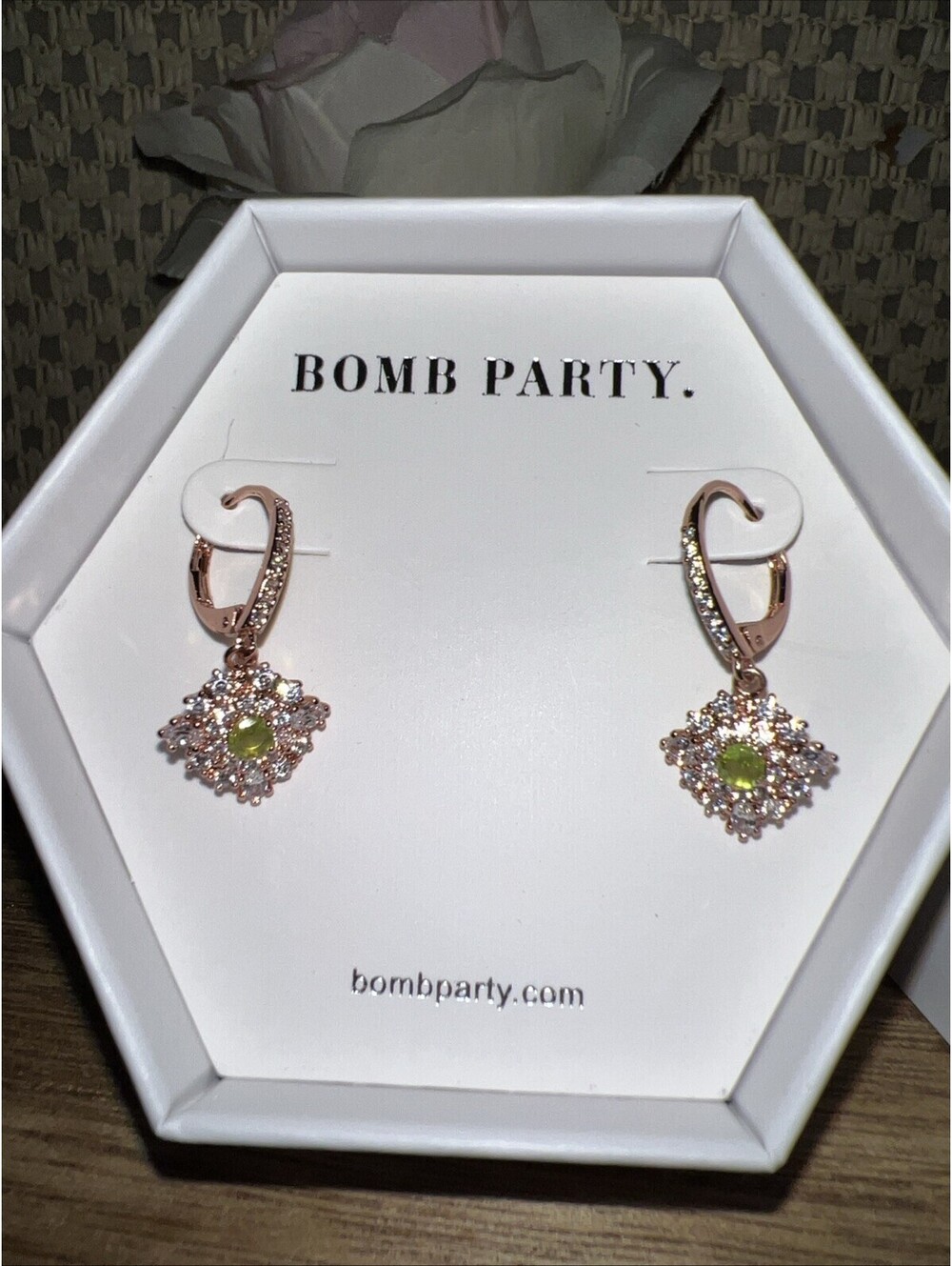 Bomb Party August Collection Lovely Oasis Earrings. Dark Peridot. Rose Gold.
